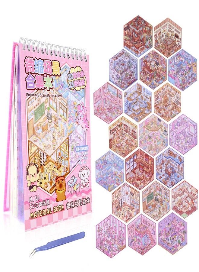 Dwpetzo 20 Sets DIY 3D Sticker Scenes for Adults with Tweezer, Kawaii 3D House Miniature Sticker Therapy, Make Your Own Mini Room Scene Collection Book for Adult Kids Relief Stress Pass The Time - Image 1