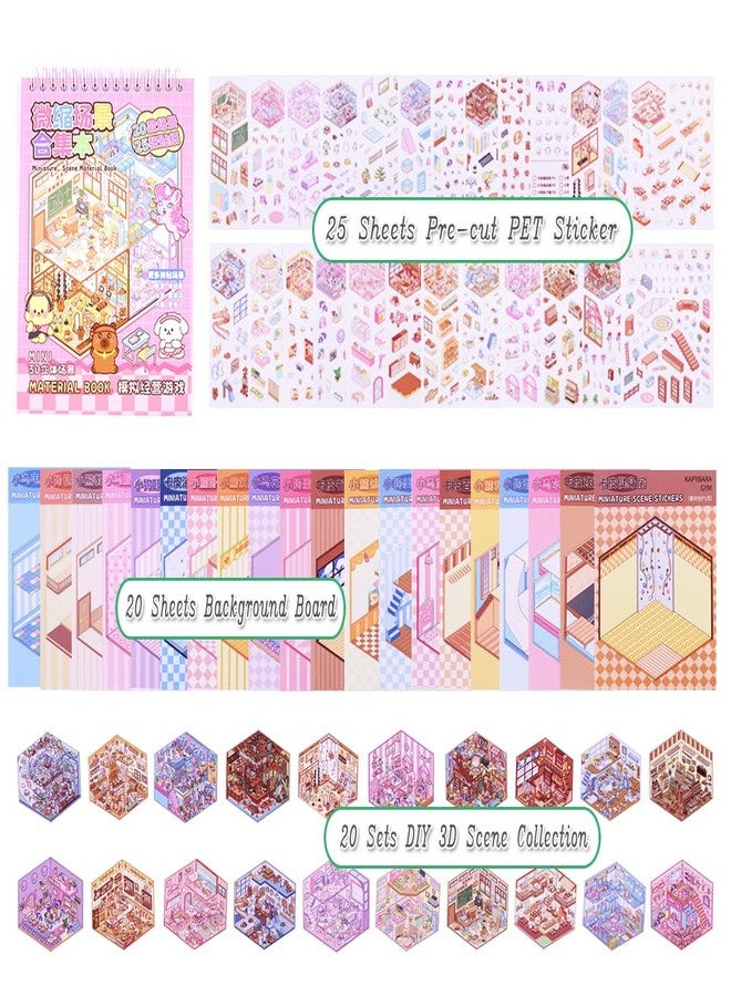 Dwpetzo 20 Sets DIY 3D Sticker Scenes for Adults with Tweezer, Kawaii 3D House Miniature Sticker Therapy, Make Your Own Mini Room Scene Collection Book for Adult Kids Relief Stress Pass The Time - Image 3
