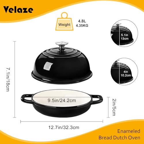 Velaze Enameled Cast Iron Dutch Oven for Bread Baking,5 QT Round Bread Oven Pot with Dome Lid for Sourdough, Roasting,Braising(Black) - Image 3