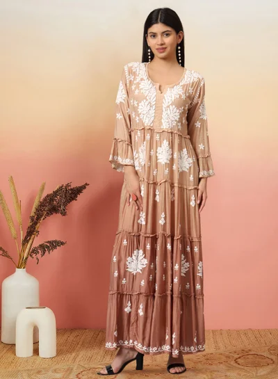 Alaya Hand Embroidered Chikankari A-Line Gathering Pattern Muslin Jalabiya-AL4003