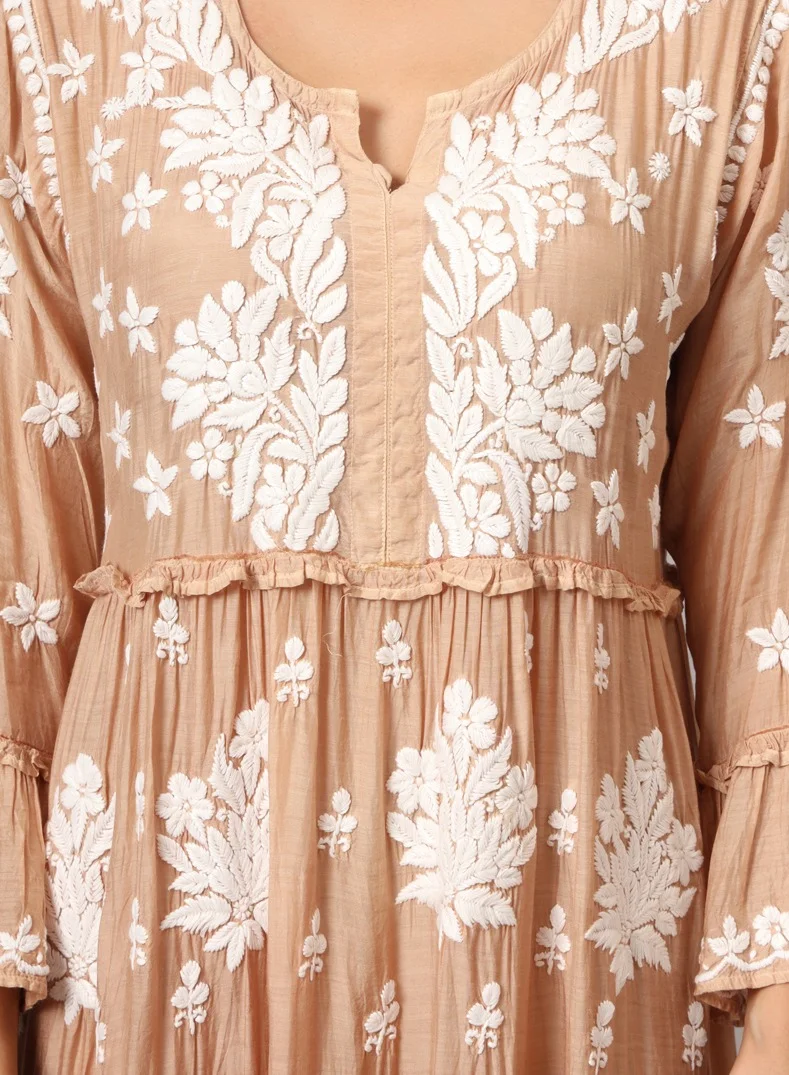 Alaya Hand Embroidered Chikankari A-Line Gathering Pattern Muslin Jalabiya-AL4003