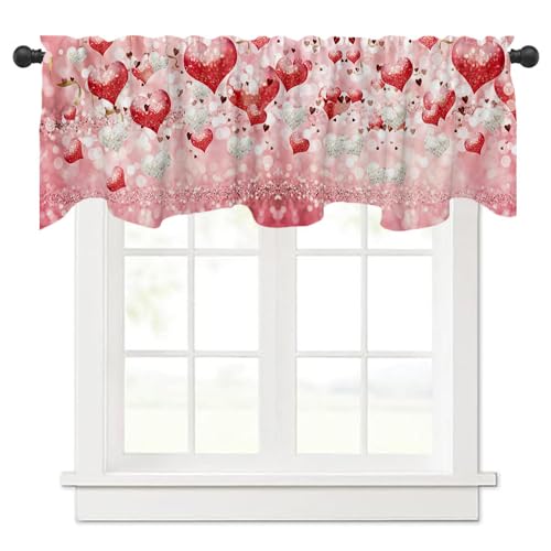 DOTOOMA 54x18 Inches Pink Red and White Love Balloon Valentine's Day Window Treatment Valance Gold Ribbon Flashing Love Sequins Kitchen Dining Room Decorations Supplies - Image 1