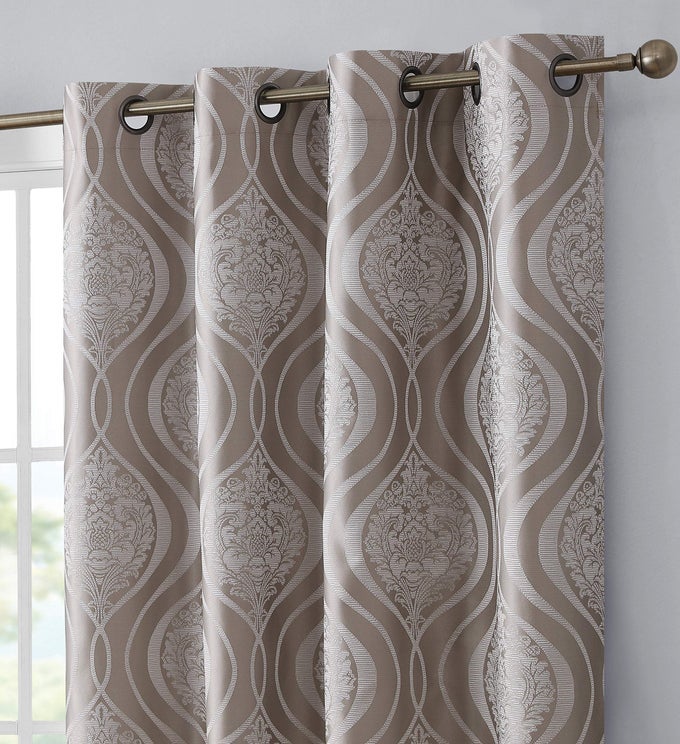 HLCME MONTERO DAMASK 100 COMPLETE BLACKOUT SHADING THERMAL INSULATED ENERGY EFFICIENT HEATCOLD BLOCKING GROMMET HEAVY CURTAIN DRAPERY PANELS FOR LIVING ROOM 2 PANELS 52 W X 84 L TAUPE