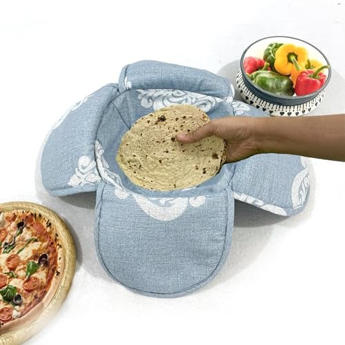 Swayam 100% Cotton Cloth Roti Casserole | Hot Chapati Box | Washable Bread Basket | 22 cm Round Roti Basket | Ethnic Motif Design - Blue - Image 1