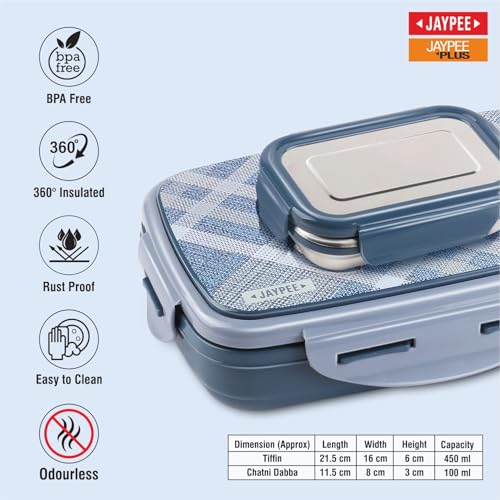 JAYPEE Ecosteel Sr. Inner Stainless Steel Insulated Lunch Box for School Kids |Airtight Leakproof Tiffin Box for Kids |Food Grade|BPA Free, 550 ml, Benz Blue - Image 3