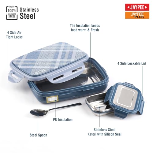 JAYPEE Ecosteel Sr. Inner Stainless Steel Insulated Lunch Box for School Kids |Airtight Leakproof Tiffin Box for Kids |Food Grade|BPA Free, 550 ml, Benz Blue - Image 5