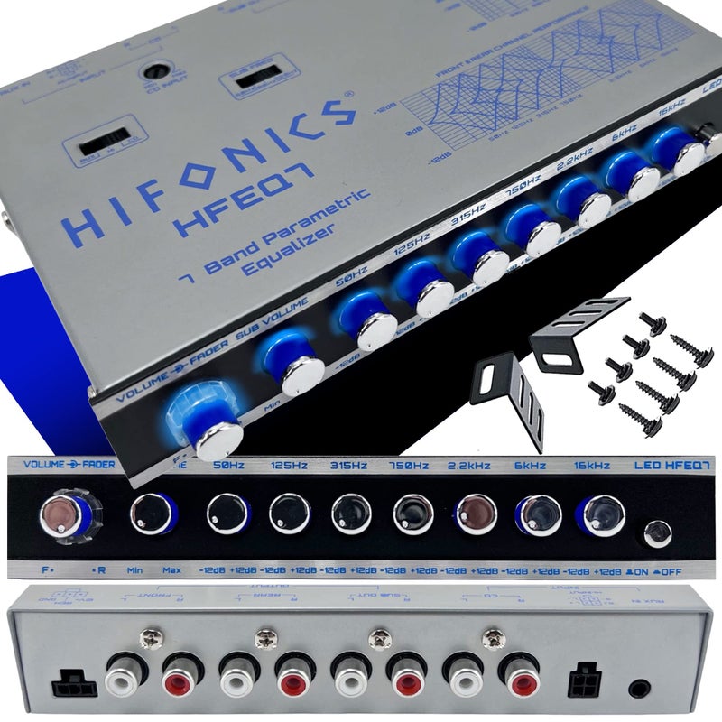 Hifonics HFEQ7 7Band 9 Volts 12 DIN PreAmp Car Audio Graphic Equalizer with Front 35mm Auxiliary Input Rear RCA Auxiliary Input and High Level Speaker Inputs Black
