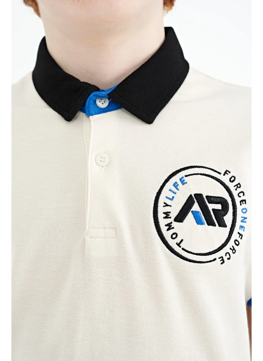 تومي لايف Ecru Sleeve Colored Logo Embroidered Standard Size Polo Collar Boy's T-Shirt - 11138