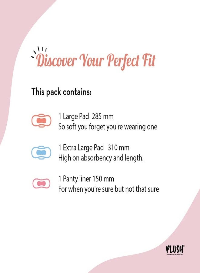 Plush Travel Kit Sanitary Pads for Women 100% Pure U.S. Cotton Senitary Napkins | 1 Light Flow Pad (L) 1 Heavy Flow (XL) & 1 Panty Liner | Vegan Ultra-Thin & Rash-Free For All Skin Types | Perfect for Every Cycle - Image 2