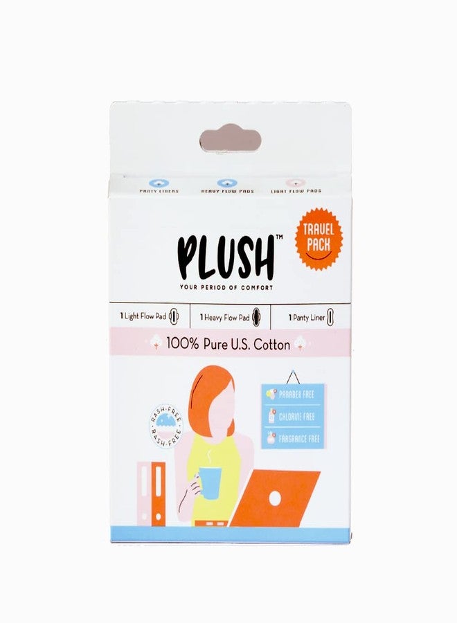 Plush Travel Kit Sanitary Pads for Women 100% Pure U.S. Cotton Senitary Napkins | 1 Light Flow Pad (L) 1 Heavy Flow (XL) & 1 Panty Liner | Vegan Ultra-Thin & Rash-Free For All Skin Types | Perfect for Every Cycle - Image 1
