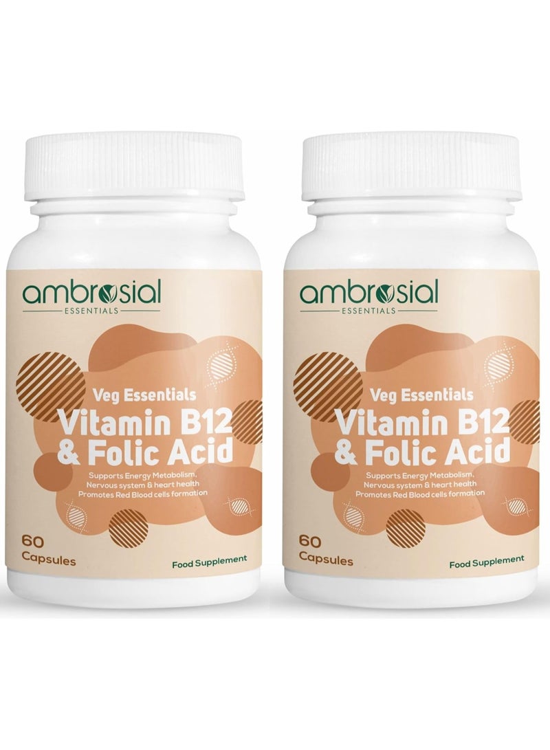 أمبروسيال أمبروزيال فيتامين ب12 1000 ميكروجرام + 500 ميكروجرام حمض الفوليك 1500 ميكروجرام حمض الفوليك للحد من التعب والإرهاق مكمل ب12 للجهاز المناعي والطاقة ودعم الدماغ (عبوة من 2-120 كبسولة) - Image 1