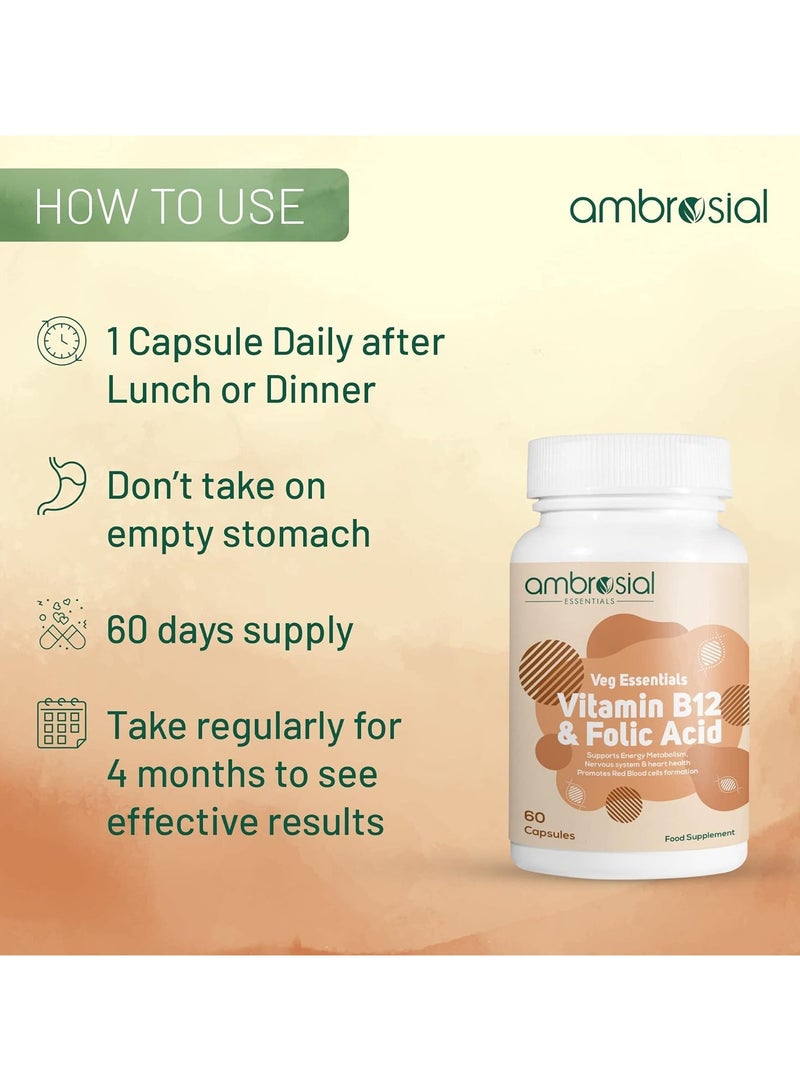أمبروسيال أمبروزيال فيتامين ب12 1000 ميكروجرام + 500 ميكروجرام حمض الفوليك 1500 ميكروجرام حمض الفوليك للحد من التعب والإرهاق مكمل ب12 للجهاز المناعي والطاقة ودعم الدماغ (عبوة من 2-120 كبسولة) - Image 5