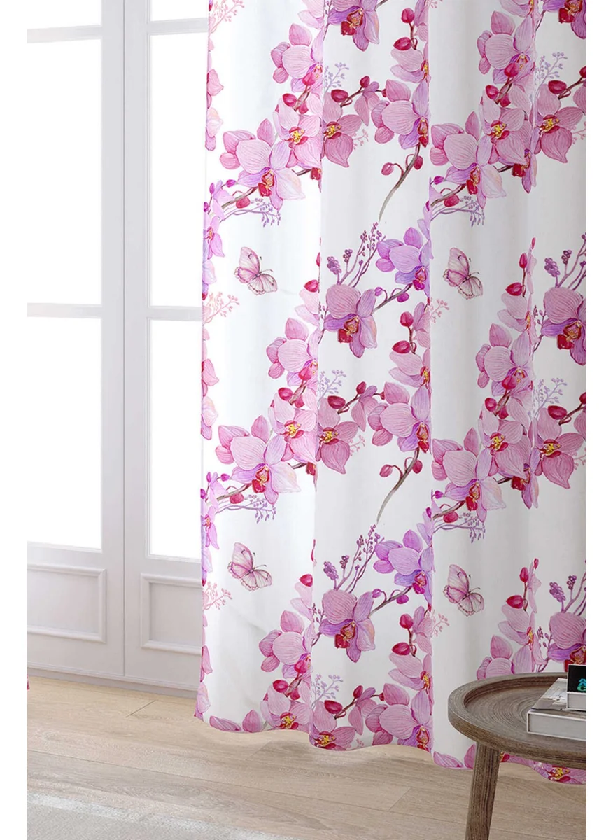 Cango Home White Pink Orchid Patterned Digital Printed Curtain OTYK768-PR