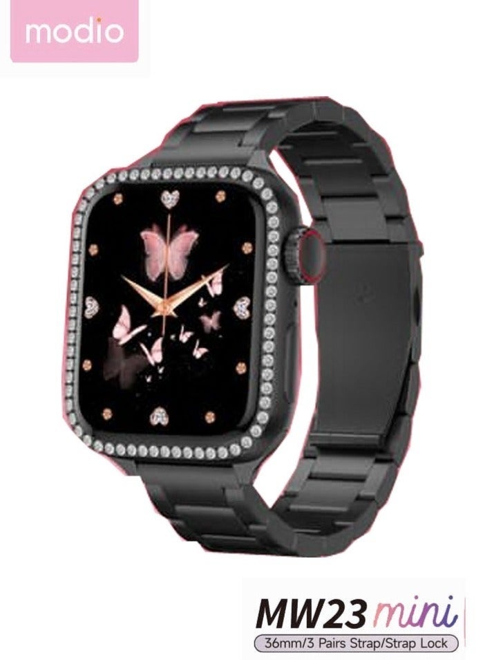 modio MW23 Mini 36mm Smart Watch for Women with 3 Stylish Straps, Full Touchscreen Fitness Tracker, Heart Rate & Sleep Monitor, Bluetooth Notifications, Lightweight Waterproof Smartwatch for Small Wrists, Black - Image 1