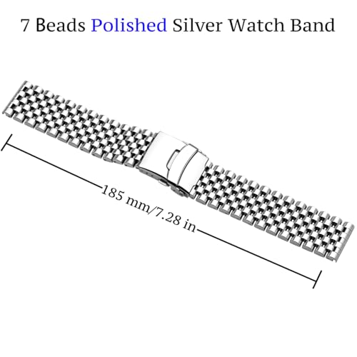 Juntan 22mm Stainless Steel Watch Band, 7 Half Beads Polished Silver Watch Bands for Men Women, Metal Quick Release Watch Strap Watch Bracelet with Deployment Double Folding Buckle - Image 2