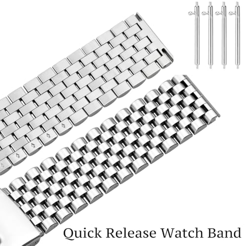 Juntan 22mm Stainless Steel Watch Band, 7 Half Beads Polished Silver Watch Bands for Men Women, Metal Quick Release Watch Strap Watch Bracelet with Deployment Double Folding Buckle - Image 5
