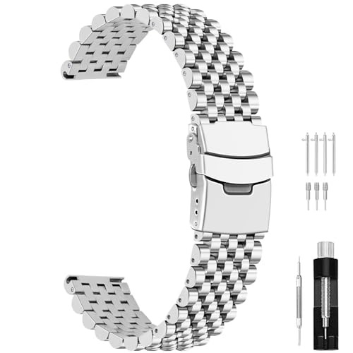 Juntan 22mm Stainless Steel Watch Band, 7 Half Beads Polished Silver Watch Bands for Men Women, Metal Quick Release Watch Strap Watch Bracelet with Deployment Double Folding Buckle - Image 1