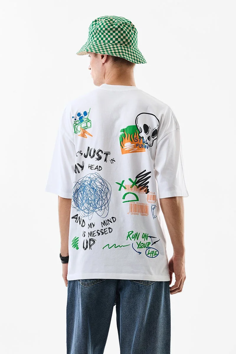 سنيتش White Graphic Half Sleeve Oversized Streetwear T-Shirt