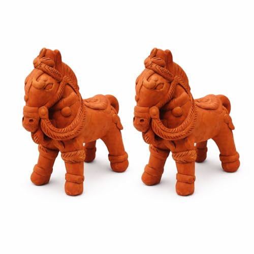 SHOPMEFAST Terracotta Horse Figurine for Home & Garden Decor, 7 Inches, Natural, Handcrafted Decorative Animal Statue (Pack of 2) - Image 1