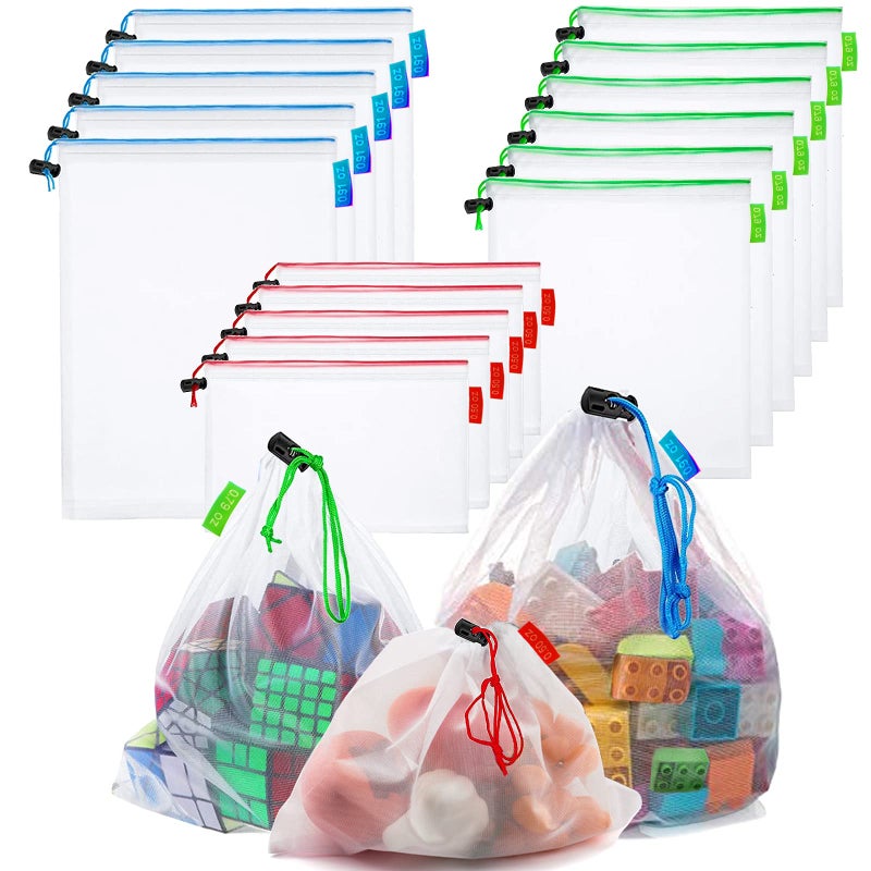 RUSON 16 Pcs Mesh Small Toy Bags for Storage, 3 Sizes Reusable Mesh Drawstring Produce Bags Puzzle Bag for Kids Storage Playroom Organization, Fruits, Vegetable - Image 1
