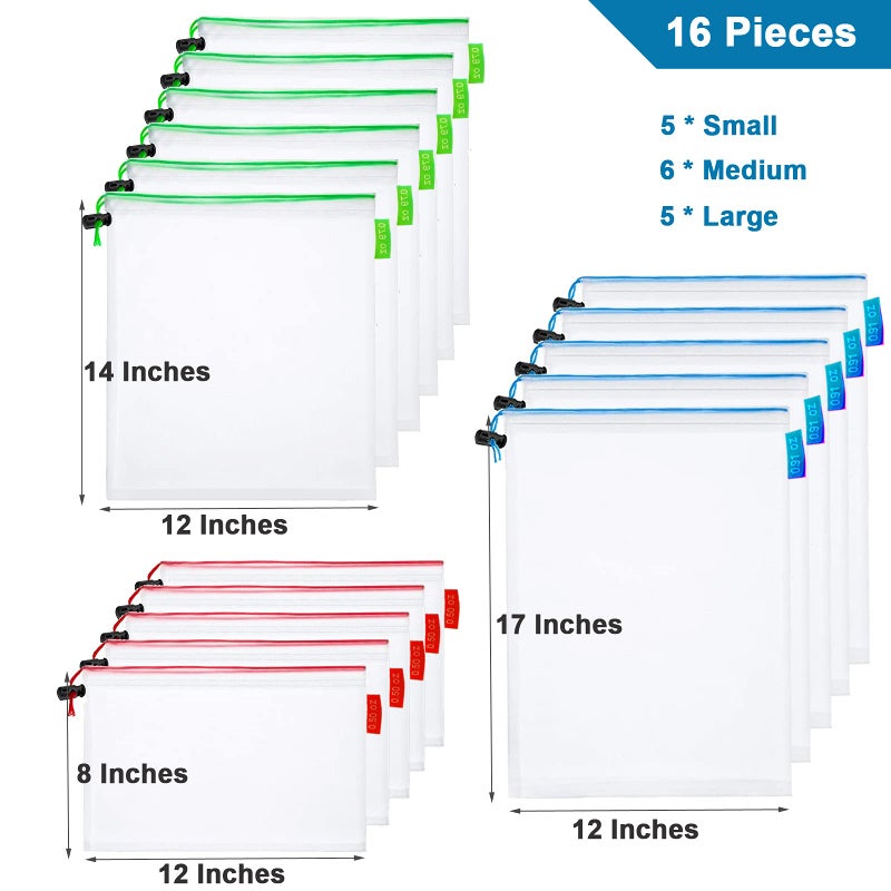 RUSON 16 Pcs Mesh Small Toy Bags for Storage, 3 Sizes Reusable Mesh Drawstring Produce Bags Puzzle Bag for Kids Storage Playroom Organization, Fruits, Vegetable - Image 2