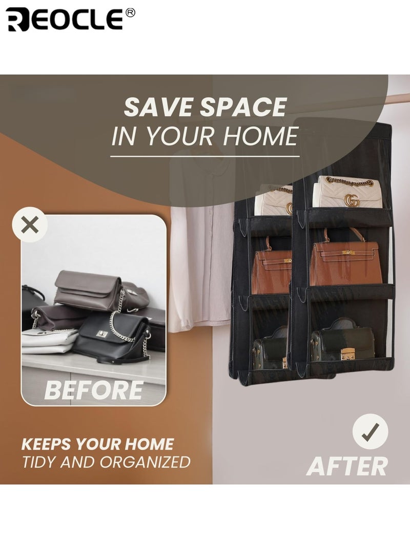 REOCLE Hanging Storage Bag Organizer for Purses & Handbags Multi-Layer Dustproof Non-Woven Fabric Holder with Metal Hooks for Home Use - Image 3