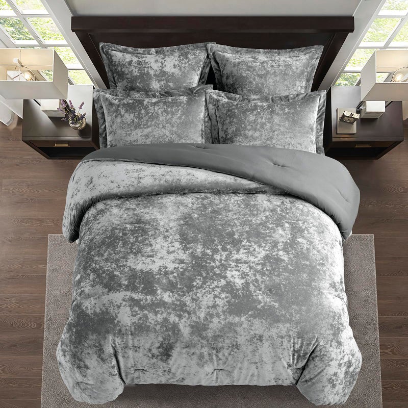 Fredsure Distressed Velvet Comforter Set, 5 Pieces Dark Grey Queen, Distressed Velvet Face and Brushed Microfiber Reverse - Image 3