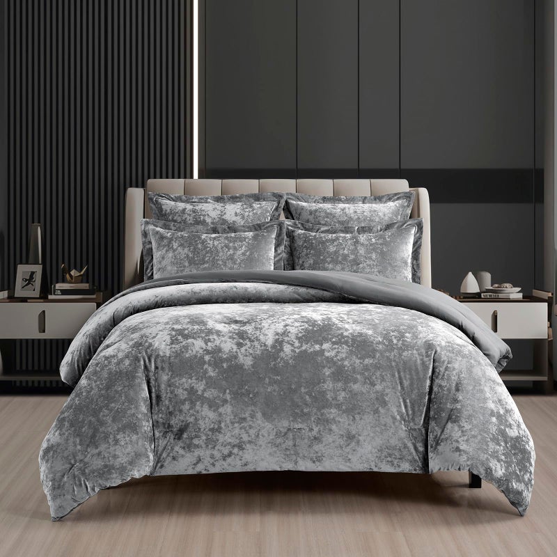 Fredsure Distressed Velvet Comforter Set, 5 Pieces Dark Grey Queen, Distressed Velvet Face and Brushed Microfiber Reverse - Image 1
