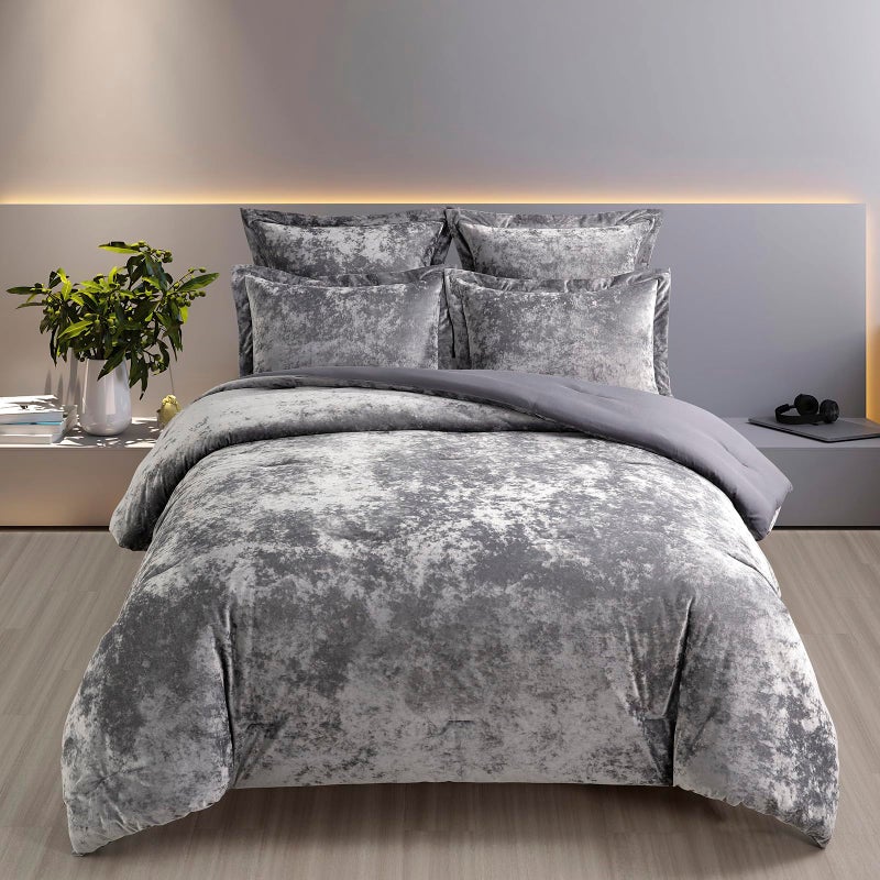 Fredsure Distressed Velvet Comforter Set, 5 Pieces Dark Grey Queen, Distressed Velvet Face and Brushed Microfiber Reverse - Image 2