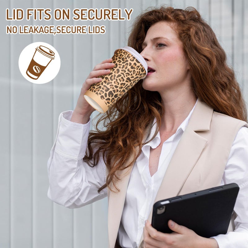 Whaline 50Pcs Brown Leopard Print Paper Cups Jungle Animal Disposable Coffee Cups with Lids 16 Oz Decorative Party Cups for Graduation Hot Cold Drinks Beverage Birthday Holiday Party Supplies - Image 4