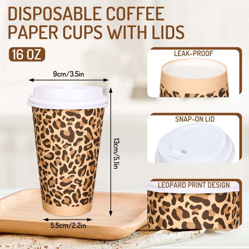 Whaline 50Pcs Brown Leopard Print Paper Cups Jungle Animal Disposable Coffee Cups with Lids 16 Oz Decorative Party Cups for Graduation Hot Cold Drinks Beverage Birthday Holiday Party Supplies - Image 2