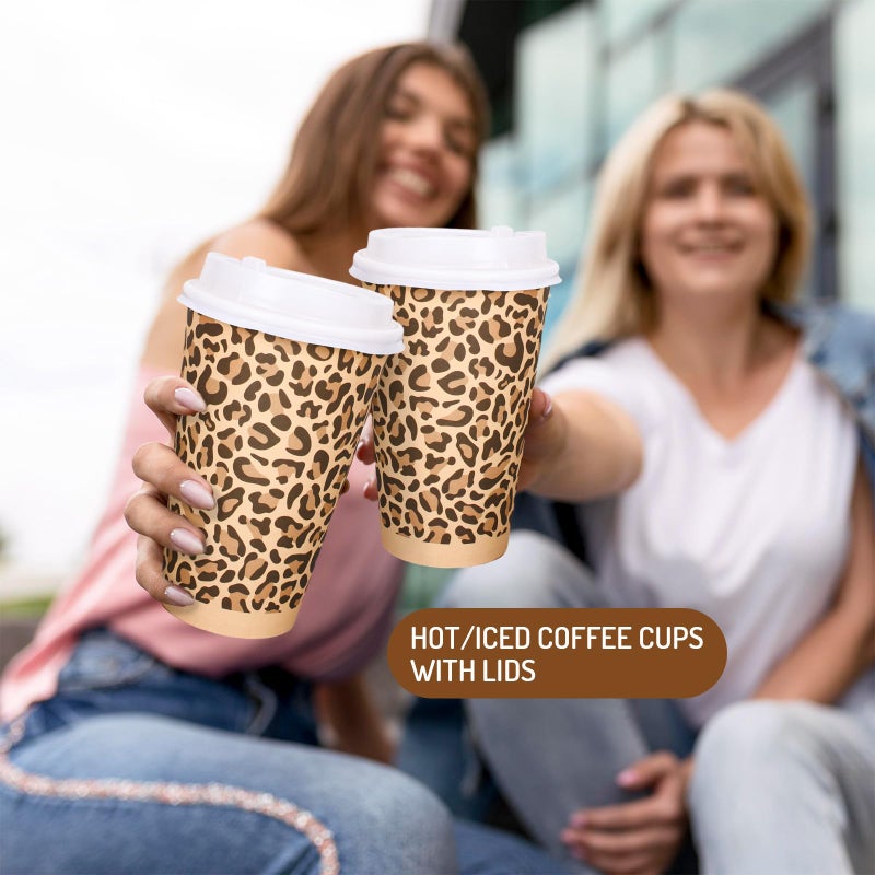 Whaline 50Pcs Brown Leopard Print Paper Cups Jungle Animal Disposable Coffee Cups with Lids 16 Oz Decorative Party Cups for Graduation Hot Cold Drinks Beverage Birthday Holiday Party Supplies - Image 5
