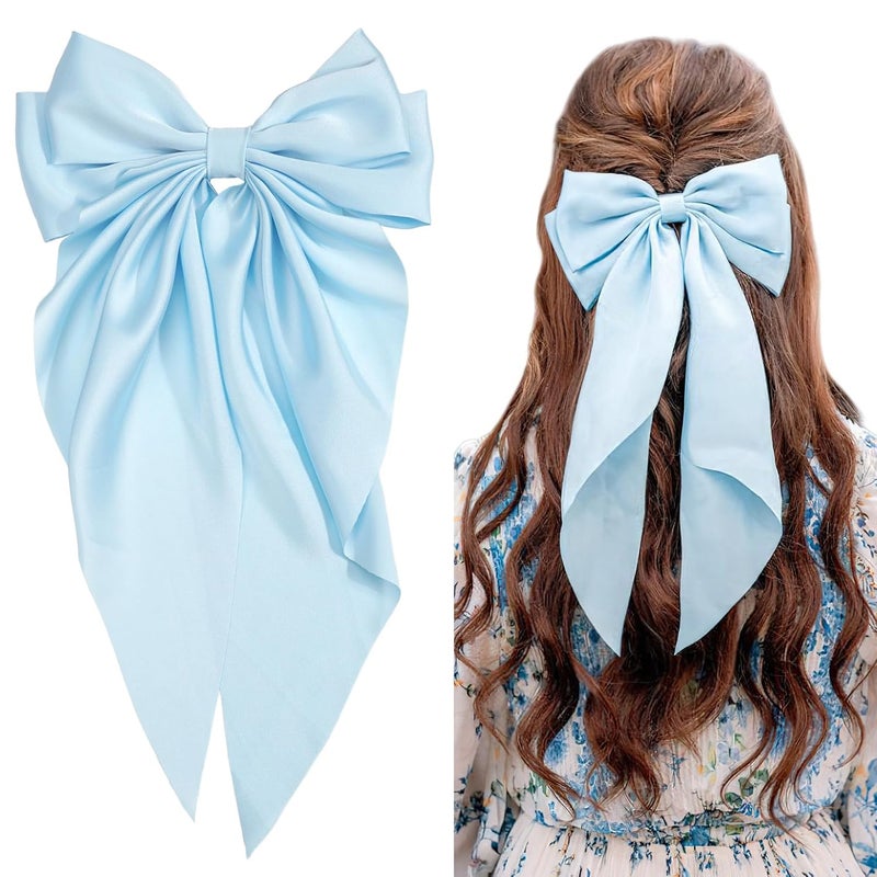 JOYOYO Hair Clip 1Pcs Silky Satin Large Hair Bow Ribbon Clips for Women and Girls Giant Long Bow Hair Clips Ponytail Holder Silk Big Hair Clips Accessories Blue