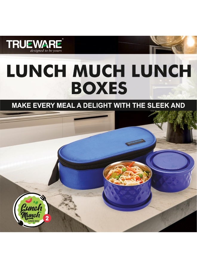 Trueware Lunch Munch Soft 2 Lunch Box with 2 Container,300 ML X 2 | Blue | Microwave Safe | Lunch Box | Tiffin | Leak Proof | Easy to Carry | Food Grade | BPA Free| Stainless Steel Dabbi | Office - Image 3