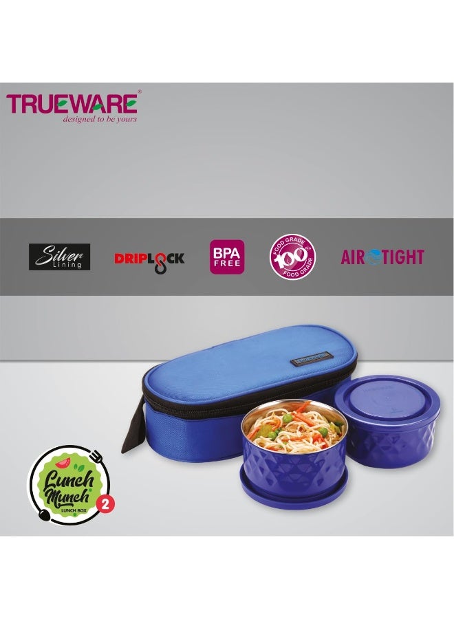 Trueware Lunch Munch Soft 2 Lunch Box with 2 Container,300 ML X 2 | Blue | Microwave Safe | Lunch Box | Tiffin | Leak Proof | Easy to Carry | Food Grade | BPA Free| Stainless Steel Dabbi | Office - Image 2