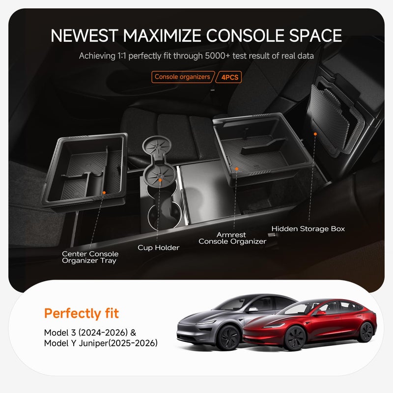 DooGooCoo Center Console Organizer for Tesla New Model Y Juniper/Model 3 [2-Layer Design, Easy Slide] Keep Console Clutter-Free Custom Fit for 2024-2026 Model 3 & 2025-2026 Juniper Model Y Accessories, 4PC - Image 2