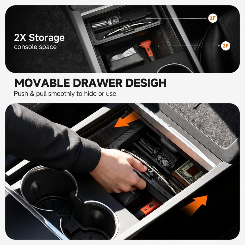 DooGooCoo Center Console Organizer for Tesla New Model Y Juniper/Model 3 [2-Layer Design, Easy Slide] Keep Console Clutter-Free Custom Fit for 2024-2026 Model 3 & 2025-2026 Juniper Model Y Accessories, 4PC - Image 5