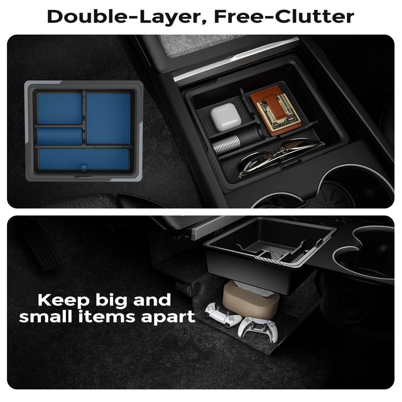 DooGooCoo Center Console Organizer for Tesla New Model Y Juniper/Model 3 [2-Layer Design, Easy Slide] Keep Console Clutter-Free Custom Fit for 2024-2026 Model 3 & 2025-2026 Juniper Model Y Accessories, 4PC - Image 3