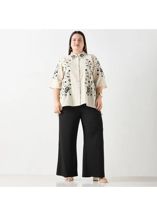 Ulla Popken Plus Size Ulla Popken Floral Embroidered Shirt with 3/4 Sleeves