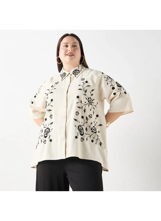 Ulla Popken Plus Size Ulla Popken Floral Embroidered Shirt with 3/4 Sleeves