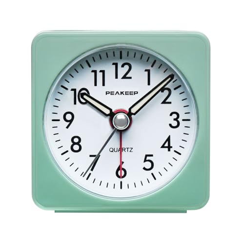 Peakeep Ultra Small, Battery Travel Alarm Clock with Snooze and Light, Silent with No Ticking Analog Quartz (Aquamarine) - Image 1