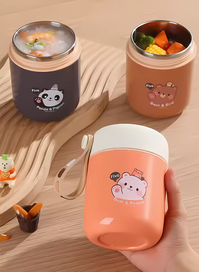 Twisoo Bear Vacuum Insulated Food Jar- Leak-Proof Portable Food Bowl, Stainless Steel with Foldable Spoon, Kids Food Jar for School Office Picnic Travel (450ml) (Brown) - Image 5