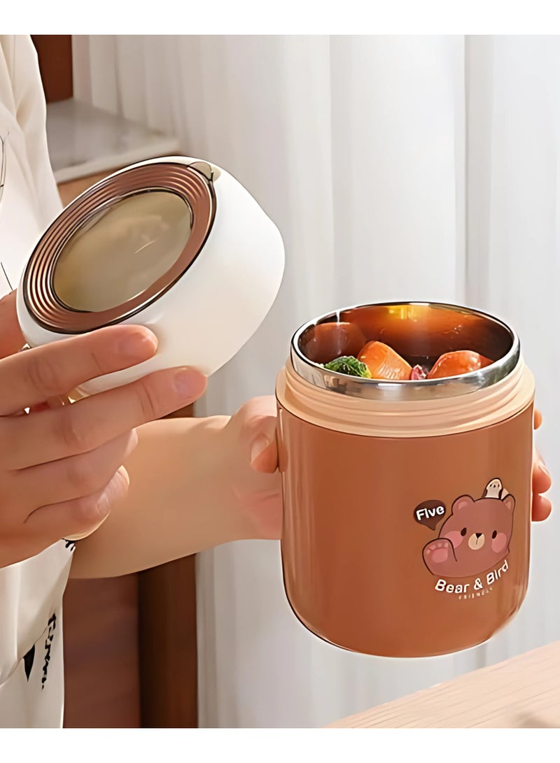 Twisoo Bear Vacuum Insulated Food Jar- Leak-Proof Portable Food Bowl, Stainless Steel with Foldable Spoon, Kids Food Jar for School Office Picnic Travel (450ml) (Brown) - Image 2