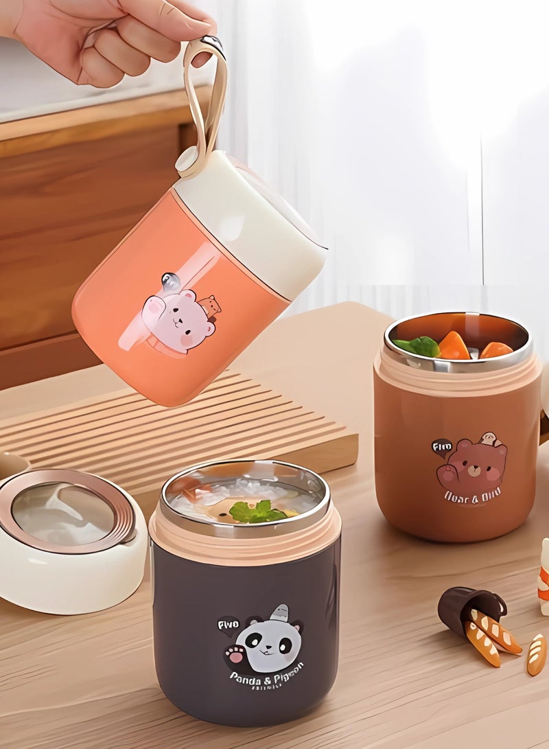 Twisoo Bear Vacuum Insulated Food Jar- Leak-Proof Portable Food Bowl, Stainless Steel with Foldable Spoon, Kids Food Jar for School Office Picnic Travel (450ml) (Brown) - Image 4