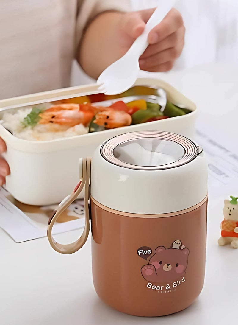 Twisoo Bear Vacuum Insulated Food Jar- Leak-Proof Portable Food Bowl, Stainless Steel with Foldable Spoon, Kids Food Jar for School Office Picnic Travel (450ml) (Brown) - Image 3