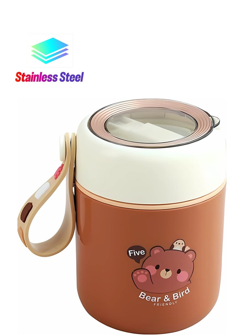 Twisoo Bear Vacuum Insulated Food Jar- Leak-Proof Portable Food Bowl, Stainless Steel with Foldable Spoon, Kids Food Jar for School Office Picnic Travel (450ml) (Brown) - Image 1