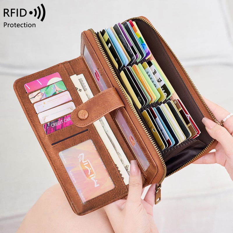 Multifunctional Solid Color PU Leather Wallet, RFID Blocking Design Portable Daily Storage Purse for Cards Cash Coin Business Use - Image 3
