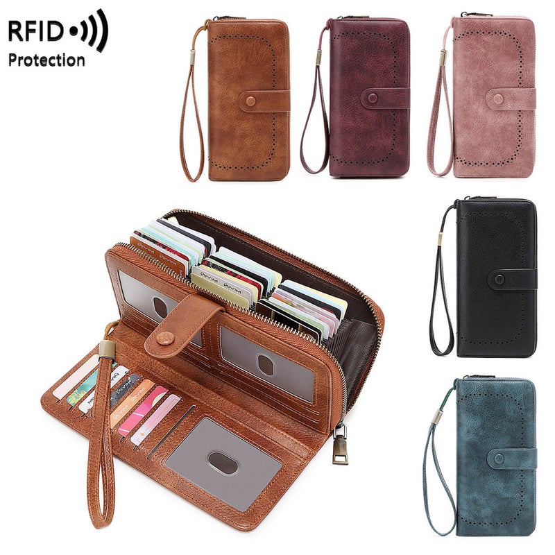 Multifunctional Solid Color PU Leather Wallet, RFID Blocking Design Portable Daily Storage Purse for Cards Cash Coin Business Use - Image 1