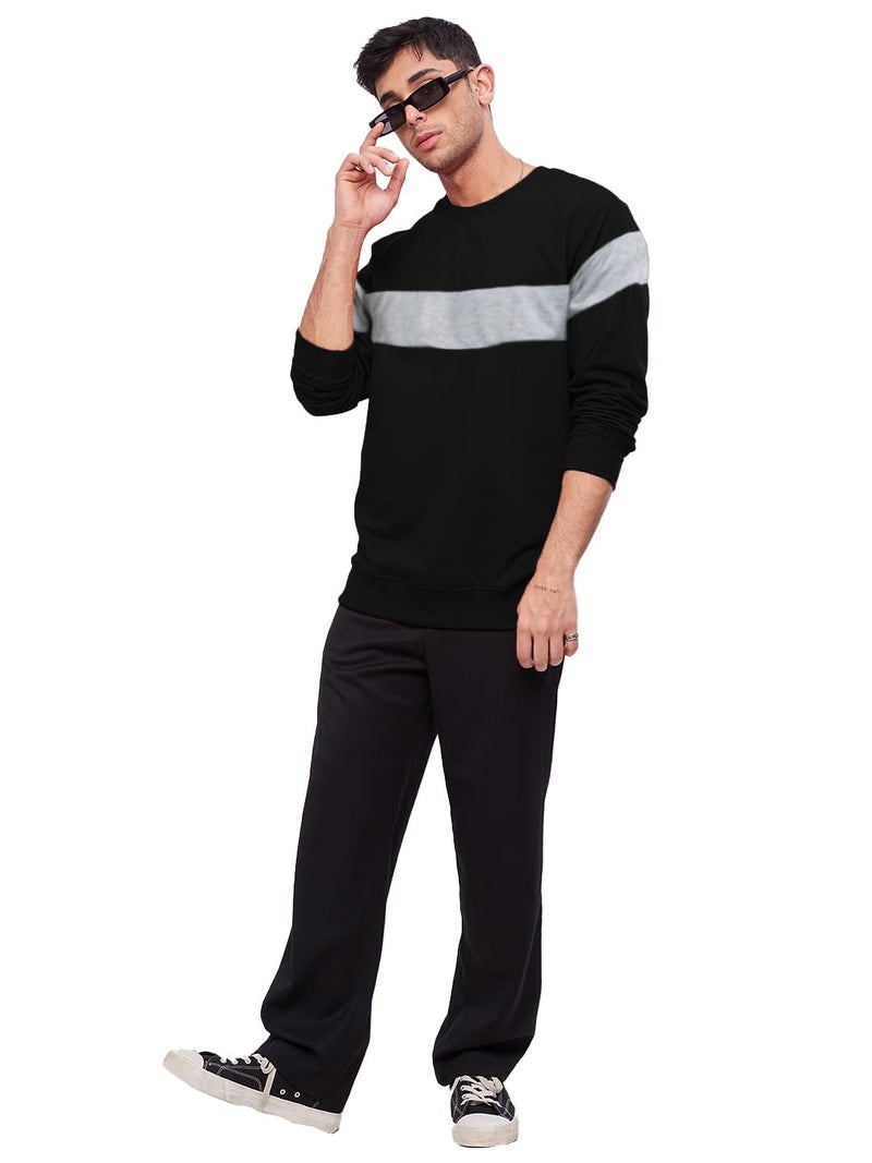 LEOTUDE Men's Regular Fit Loopknit Color Block Round Neck Sweatshirt (W11_Gry_BLK_P_Grey_2XL) - Image 3