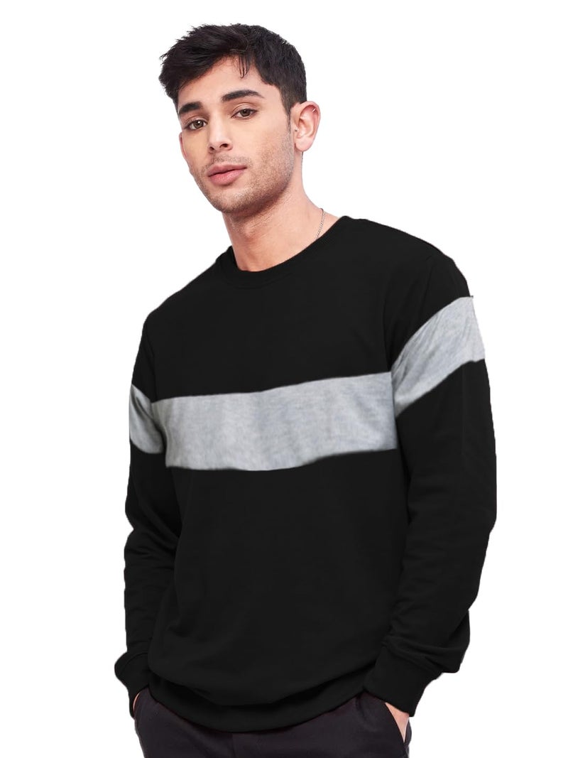 LEOTUDE Men's Regular Fit Loopknit Color Block Round Neck Sweatshirt (W11_Gry_BLK_P_Grey_2XL) - Image 1